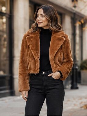 Forever 21 Cognac Faux Fur Cropped Jacket Coat Size Small Mob Wife Y2K Glam Fall